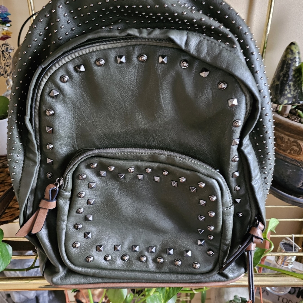 Army green studded backpack